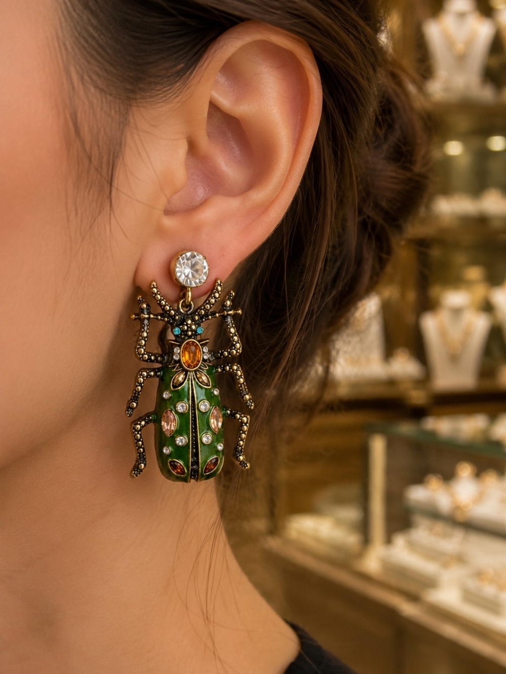 Green Beetle Statement Drop Earrings - Unbranded